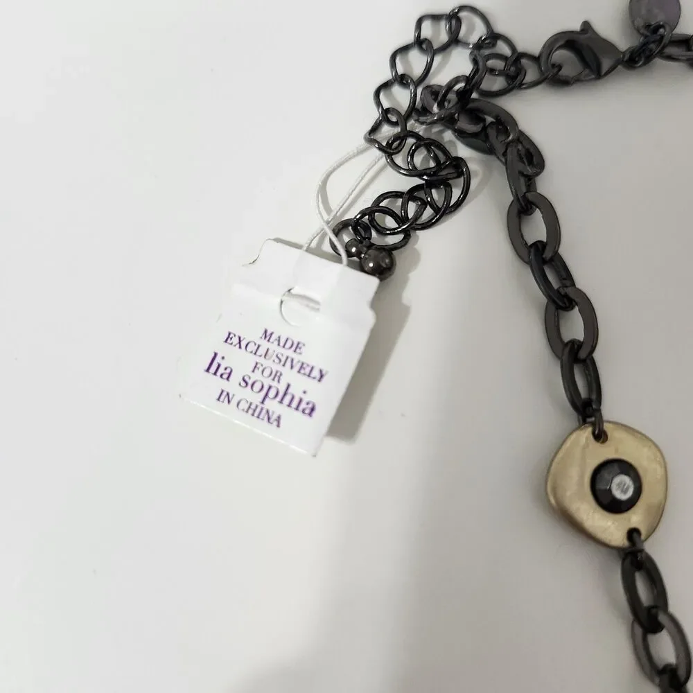 Lia Sophia Gold Tone Gun Metal Gray Long Necklace Dove Beaded Chain Ringlet